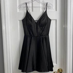 Sherri Hill black short satin homecoming dress with pockets